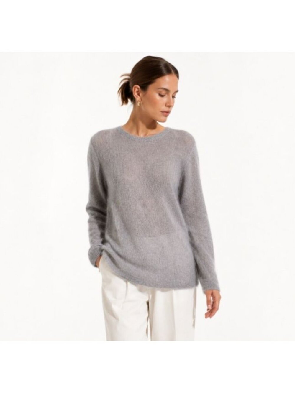 Fuzzy Mohair Blend Sweater Gray Sheer Lightweight Knit J Jill Womens Large L